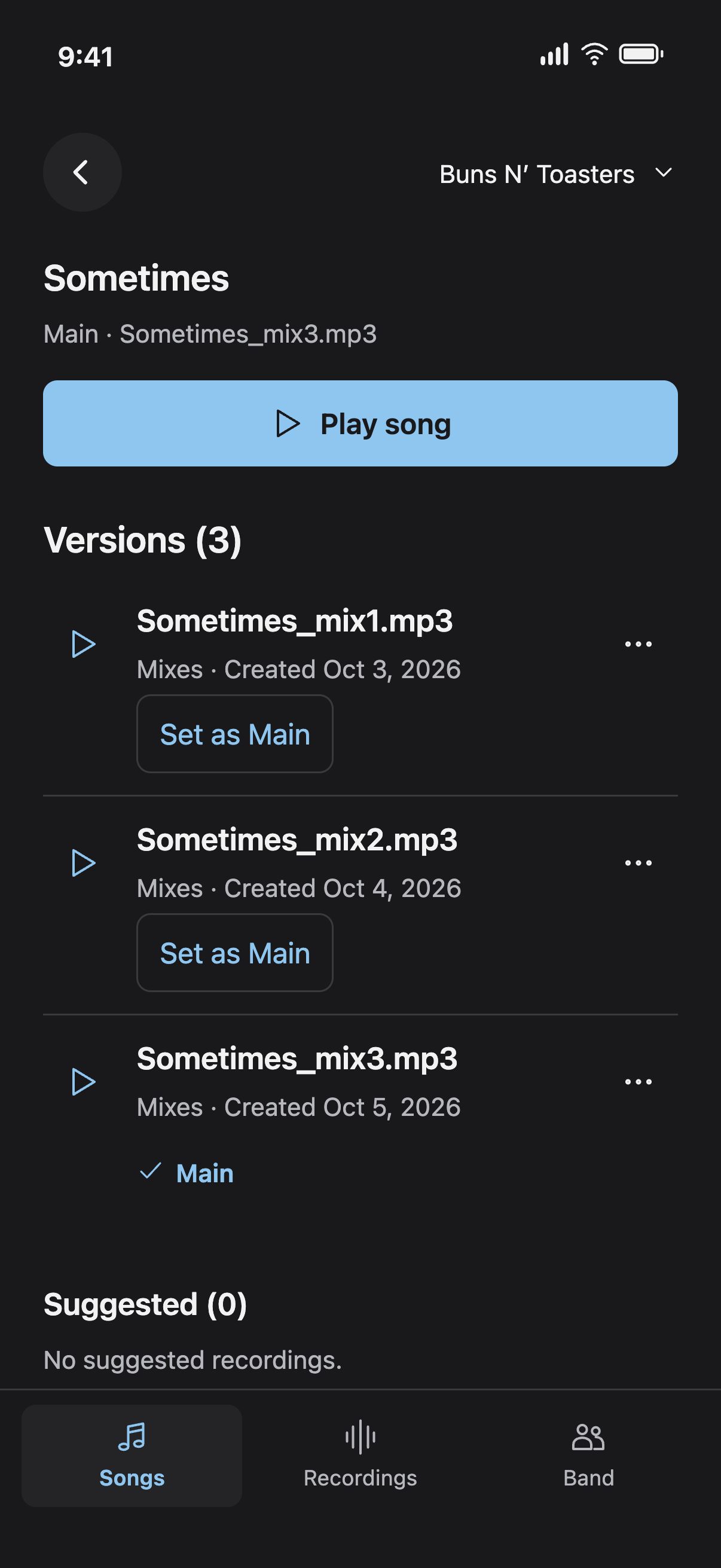 Dark Song details design preview showing Sometimes_mix1.mp3, Sometimes_mix2.mp3 and Sometimes_mix3.mp3 with individual play buttons; mix3 is marked Main.